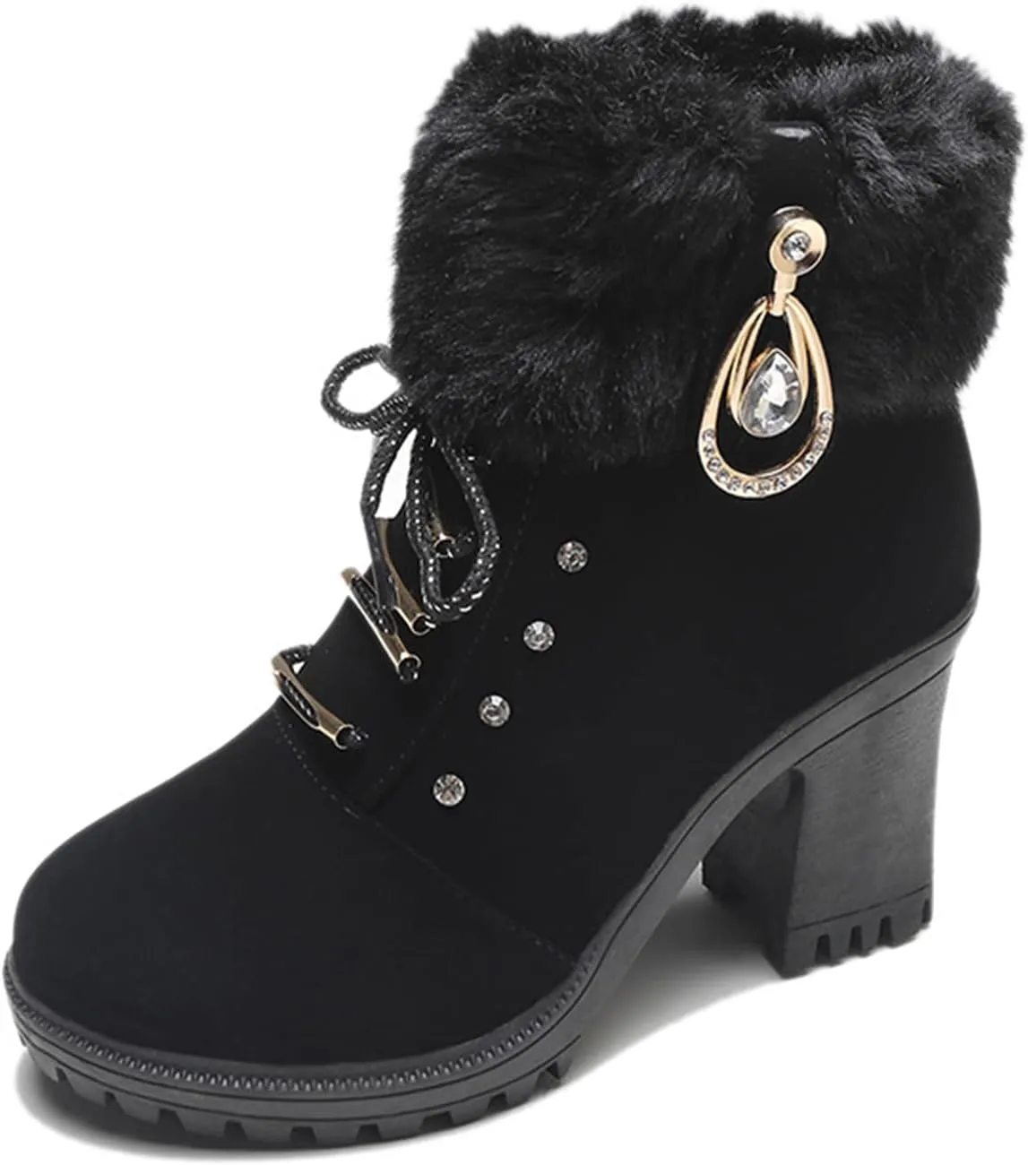 Aceptolcom Women Winter Fur Chunky Heel Ankle Boots,Casual Rhinestones Decor Warm Lined Lace Up Ankle Booties Snow Boots Outdoor Shoes