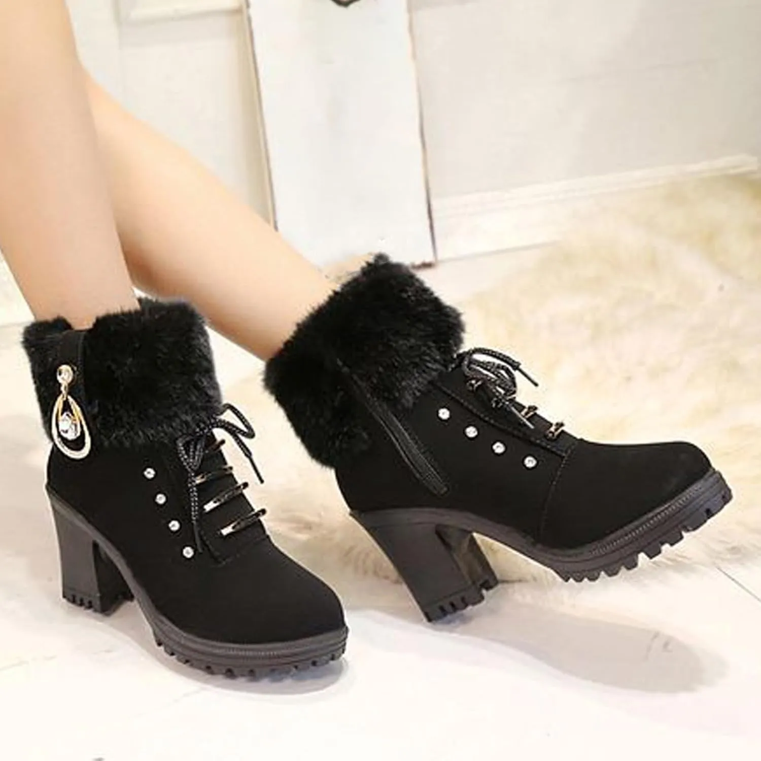 Aceptolcom Women Winter Fur Chunky Heel Ankle Boots,Casual Rhinestones Decor Warm Lined Lace Up Ankle Booties Snow Boots Outdoor Shoes