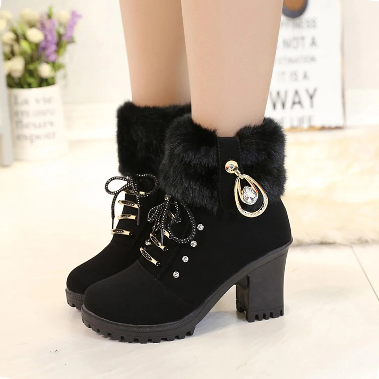 Aceptolcom Women Winter Fur Chunky Heel Ankle Boots,Casual Rhinestones Decor Warm Lined Lace Up Ankle Booties Snow Boots Outdoor Shoes