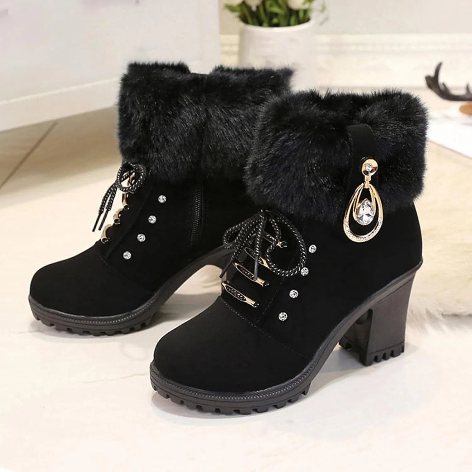 Aceptolcom Women Winter Fur Chunky Heel Ankle Boots,Casual Rhinestones Decor Warm Lined Lace Up Ankle Booties Snow Boots Outdoor Shoes