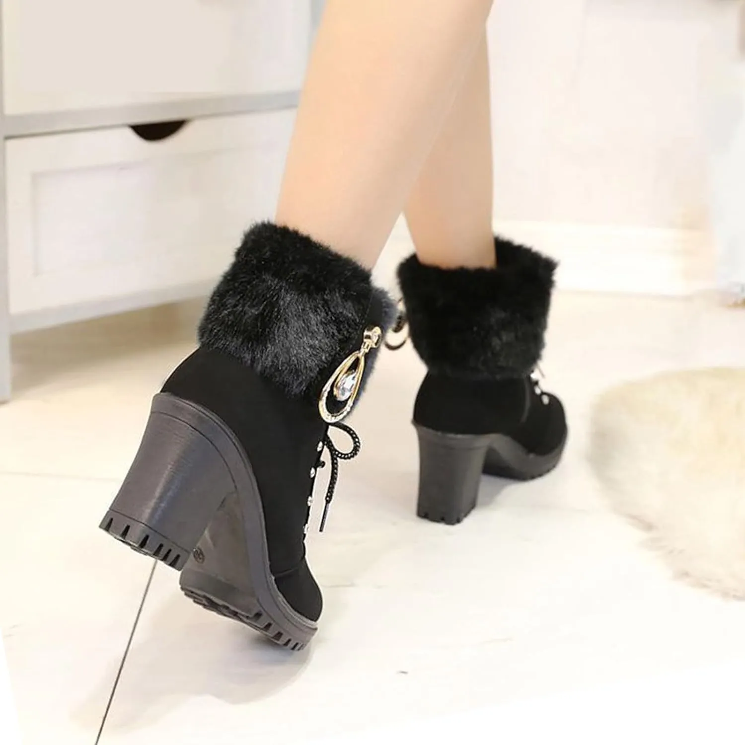 Aceptolcom Women Winter Fur Chunky Heel Ankle Boots,Casual Rhinestones Decor Warm Lined Lace Up Ankle Booties Snow Boots Outdoor Shoes