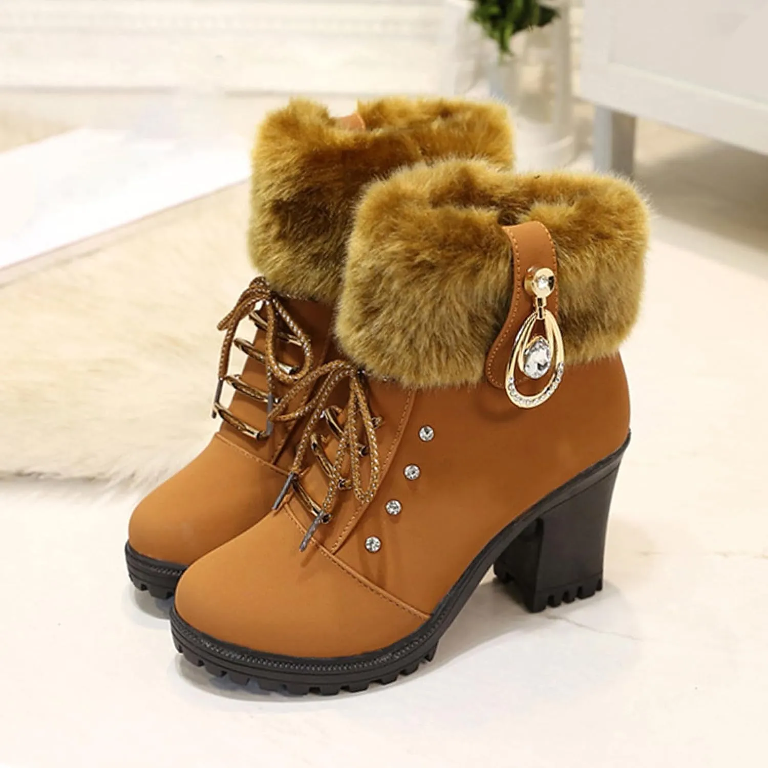 Aceptolcom Women Winter Fur Chunky Heel Ankle Boots,Casual Rhinestones Decor Warm Lined Lace Up Ankle Booties Snow Boots Outdoor Shoes