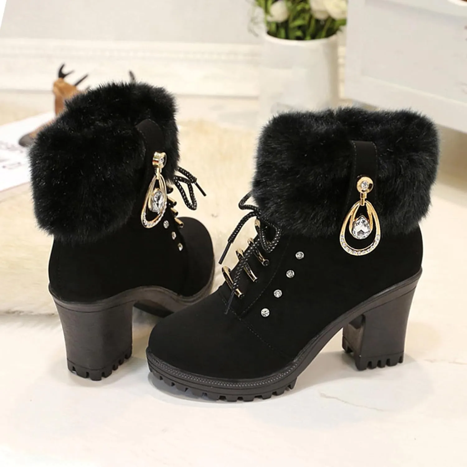 Aceptolcom Women Winter Fur Chunky Heel Ankle Boots,Casual Rhinestones Decor Warm Lined Lace Up Ankle Booties Snow Boots Outdoor Shoes