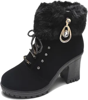 Aceptolcom Women Winter Fur Chunky Heel Ankle Boots,Casual Rhinestones Decor Warm Lined Lace Up Ankle Booties Snow Boots Outdoor Shoes
