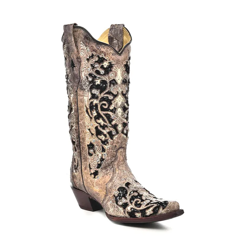 City Moments Outdoor Style Women's A3569 Black Glitter Inlay with Crystals and Studs Snip Toe Cowboy Boots Brown