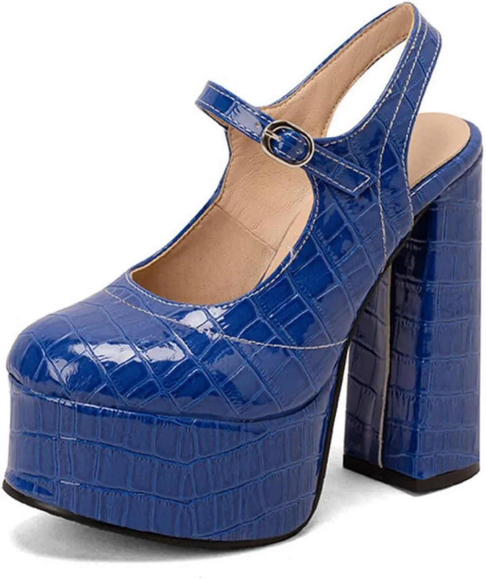 Aflngle Women's Platform Super High Heel Slingback Mary Jane Pumps Round Closed Toe Chunky Heels Ankle Strap Buckle Sandals Comfortable Non-Slip Wedding Party Dress Shoes