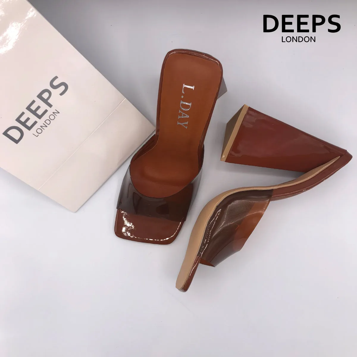 ANASTASIA SQUARE TOE MULES SANDALS HIGH HEEL COFFEE