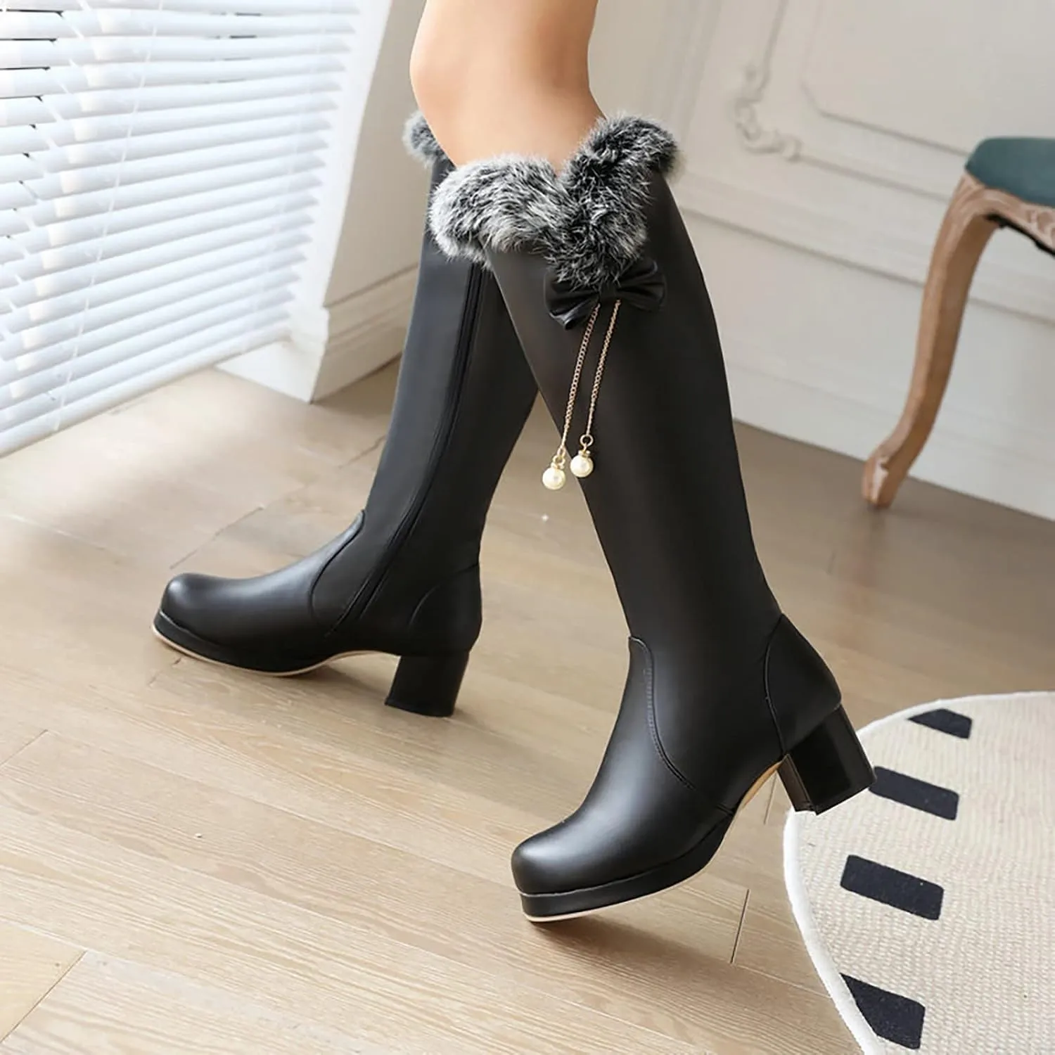 Ankle Boots for Women Comfy Rabbit Hair Thick Instep High Heel Sweet High Boots Padded Cotton Boots Warm Snow Boots