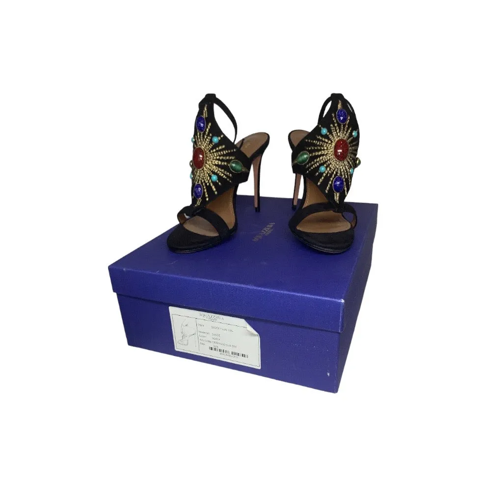 Aquazzura Black Desert Sun 50 Suede Gemstone Embellished Sandals Sz. 36.5