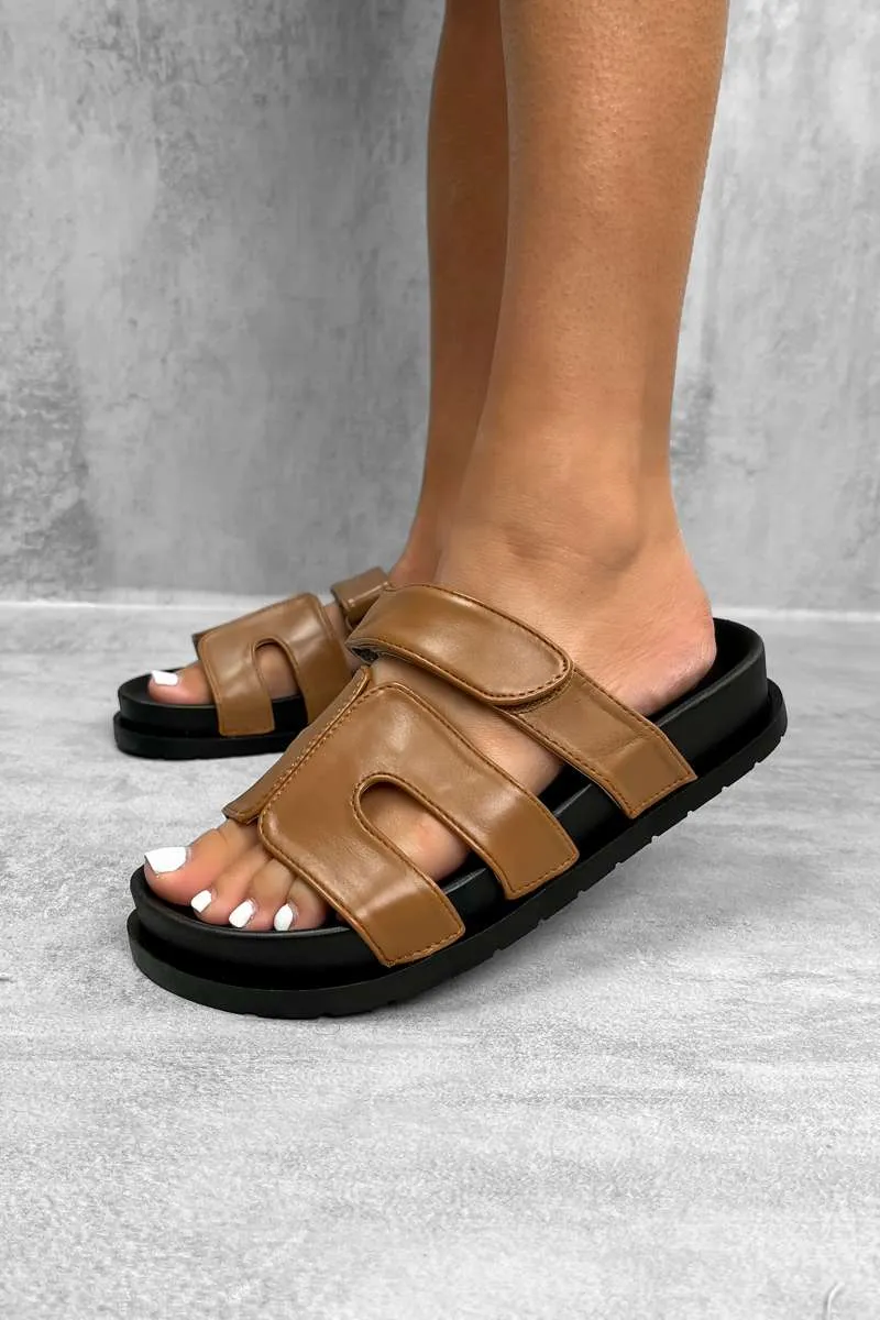 ASHTON Gladiator Velcro Slider Sandals - Camel PU