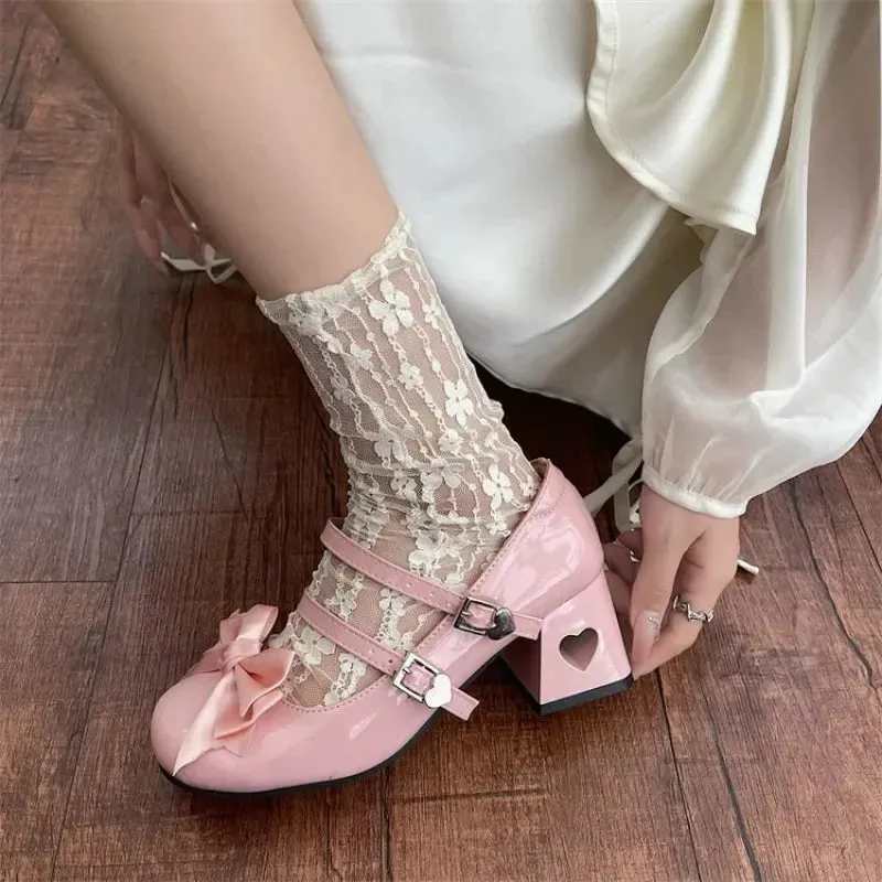 binfenxie  -  Mary Jane Lolita Shoes Women Y2K Patent Leather Low Heels Pumps Women Silk Bow Tie Ankle Straps Party Shoes Zapatos De Mujer