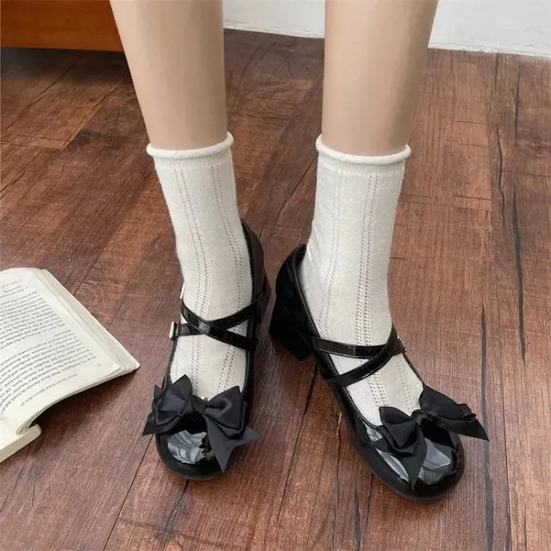 binfenxie  -  Mary Jane Lolita Shoes Women Y2K Patent Leather Low Heels Pumps Women Silk Bow Tie Ankle Straps Party Shoes Zapatos De Mujer