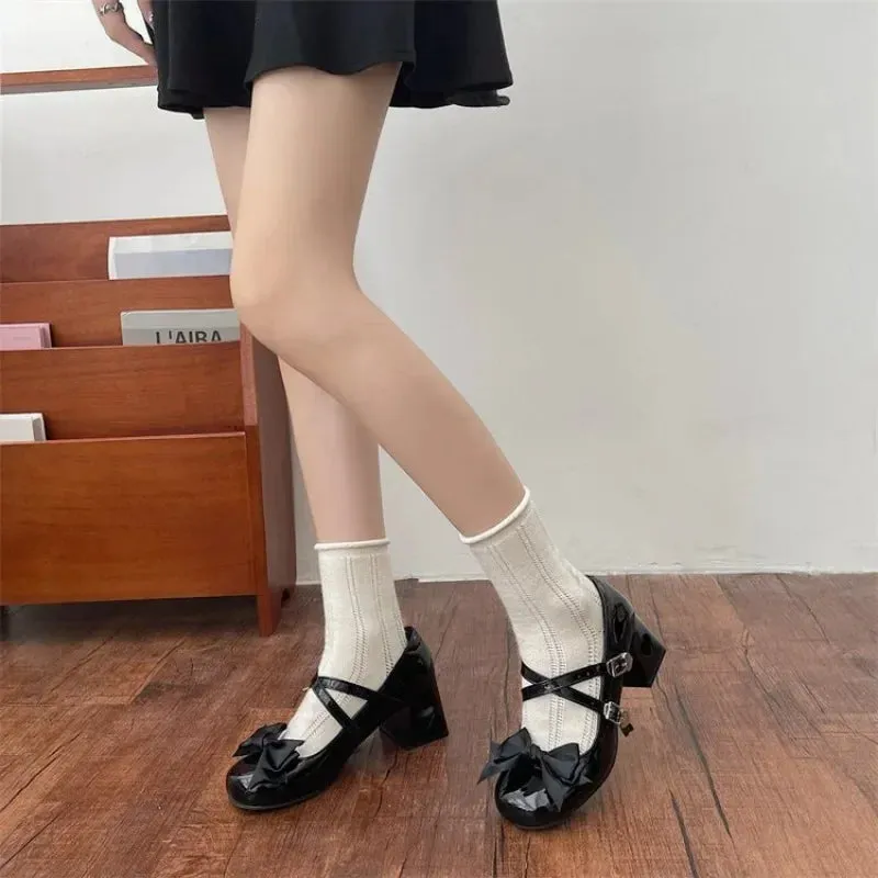 binfenxie  -  Mary Jane Lolita Shoes Women Y2K Patent Leather Low Heels Pumps Women Silk Bow Tie Ankle Straps Party Shoes Zapatos De Mujer