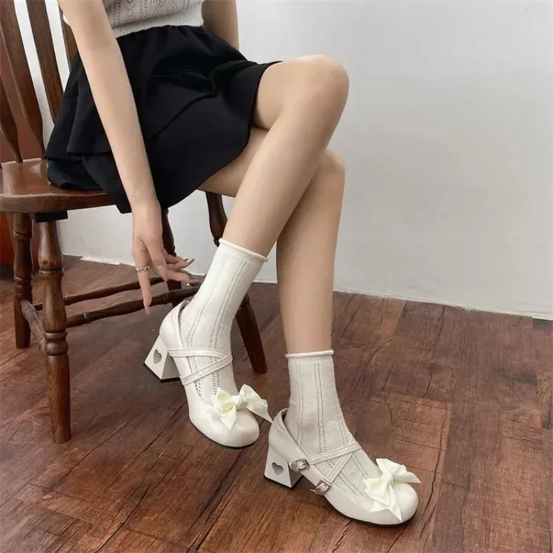 binfenxie  -  Mary Jane Lolita Shoes Women Y2K Patent Leather Low Heels Pumps Women Silk Bow Tie Ankle Straps Party Shoes Zapatos De Mujer