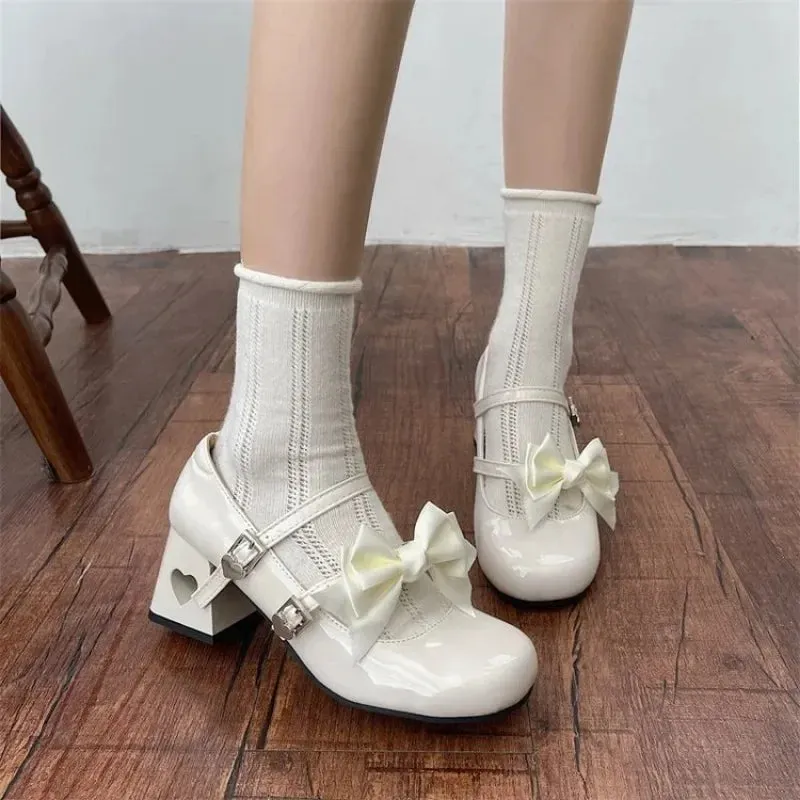 binfenxie  -  Mary Jane Lolita Shoes Women Y2K Patent Leather Low Heels Pumps Women Silk Bow Tie Ankle Straps Party Shoes Zapatos De Mujer
