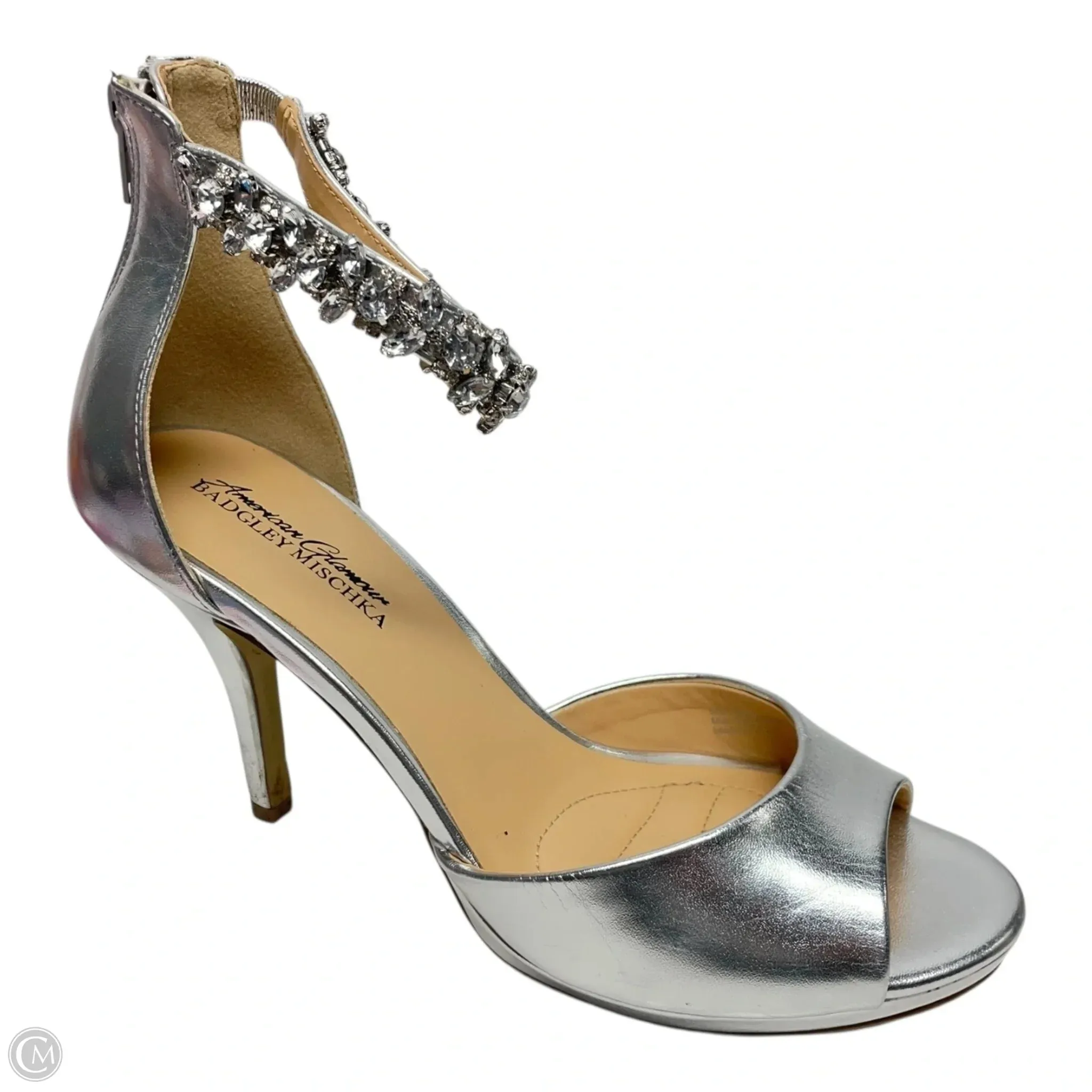 Classic Style portable Shoes Heels Stiletto By Badgley Mischka In Silver & Tan, Size: 9