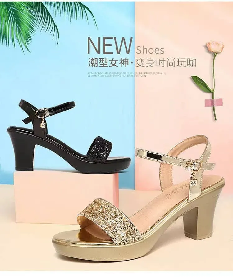 Block High Heels  Shoes Black and Gold shoes - A-11