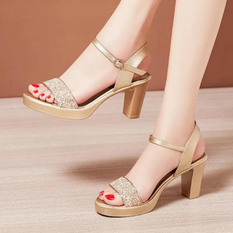 Block High Heels  Shoes Black and Gold shoes - A-11