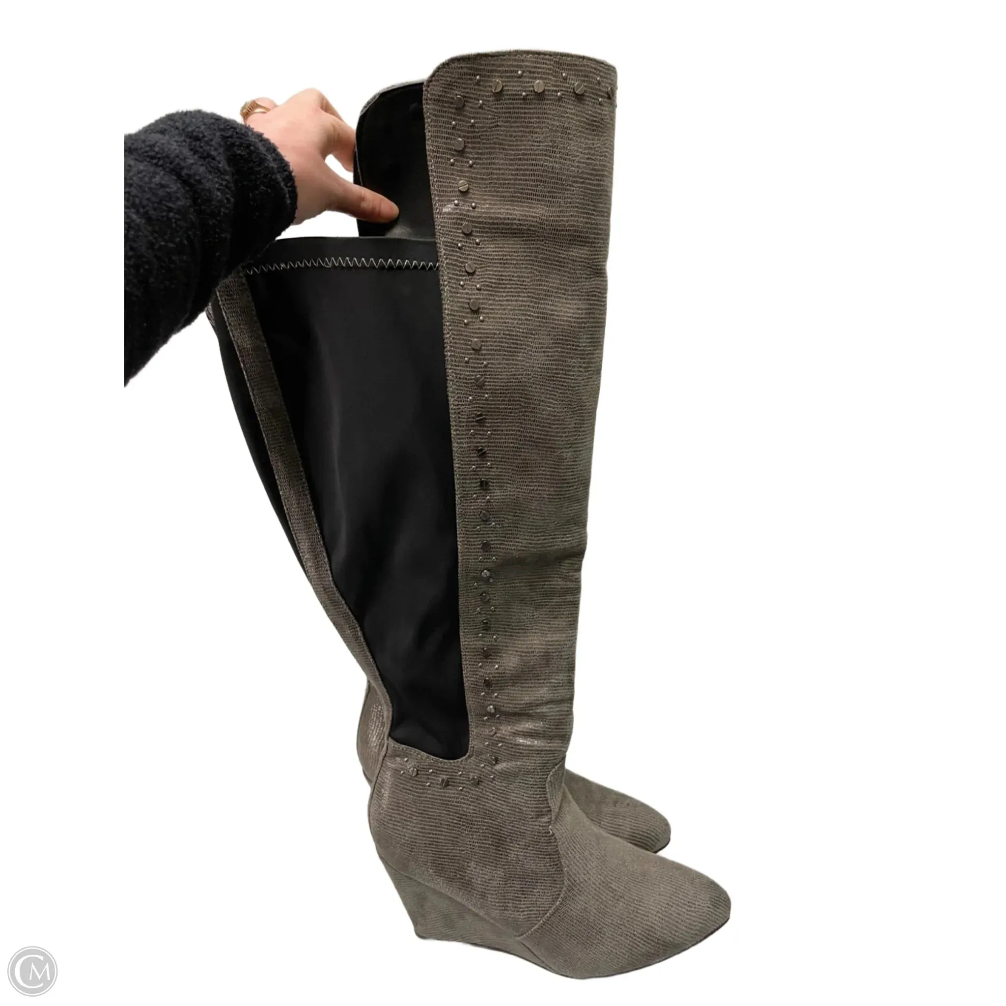 Strap Detail Boots Knee Heels By Avenue In Grey, Size: 11
