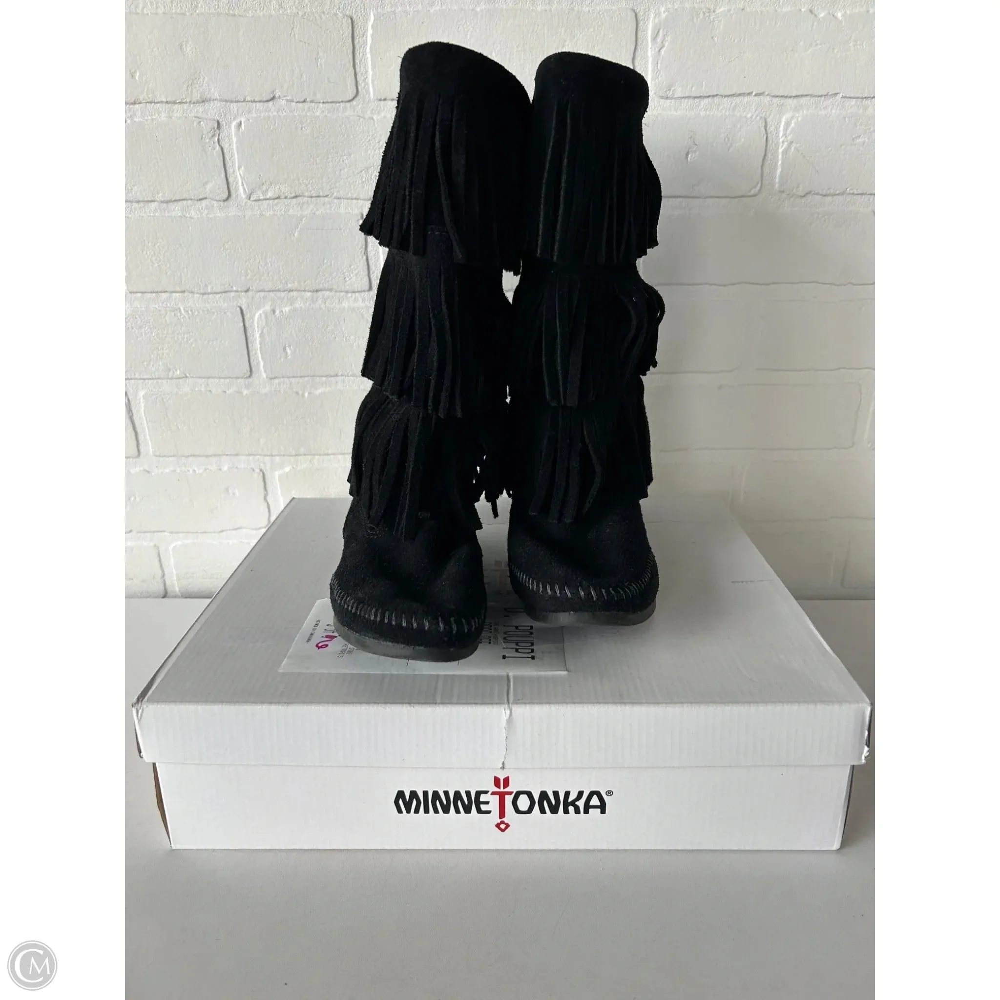 Outdoor Work Chic Sole Boots Mid-calf Heels By Minnetonka In Black, Size: 7