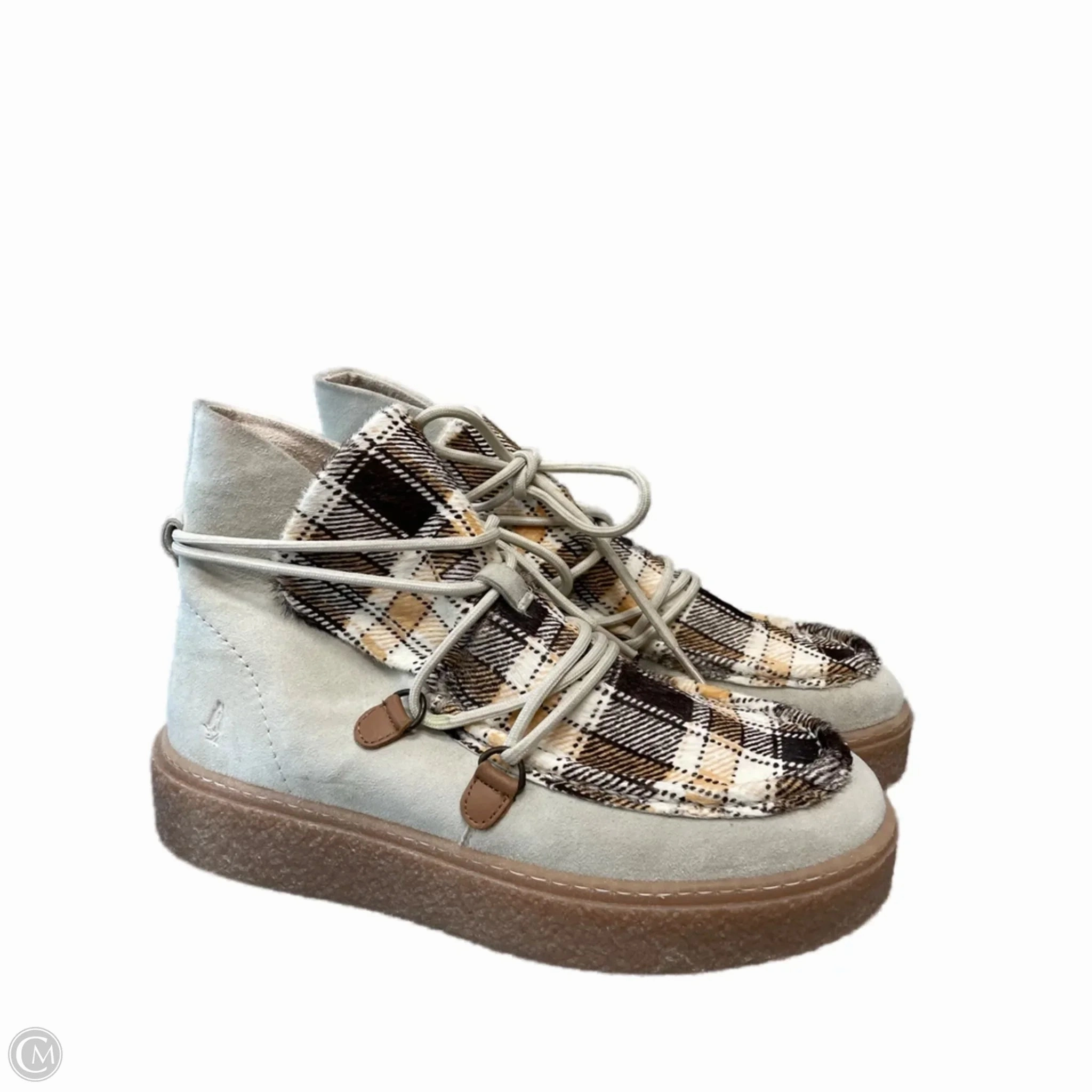 couple wear Boots Ankle Flats By Hush Puppies In Plaid Pattern, Size: 8.5