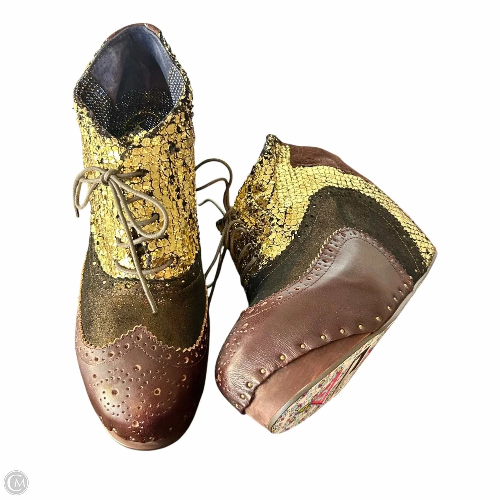 Dry Interior Boots Ankle Heels By Irregular Choices In Brown & Gold, Size: 11