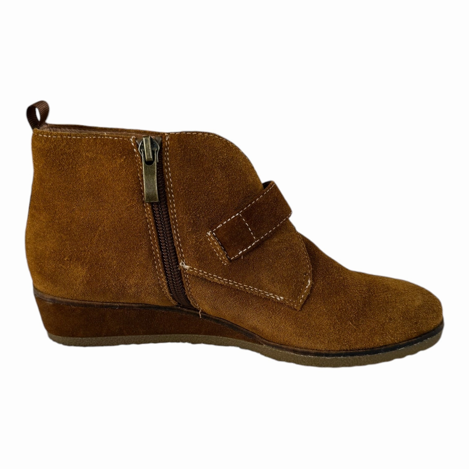 Composite Toe Guard Pull Tab Boots Ankle Heels By LARTISTE In Brown, Size: 6.5