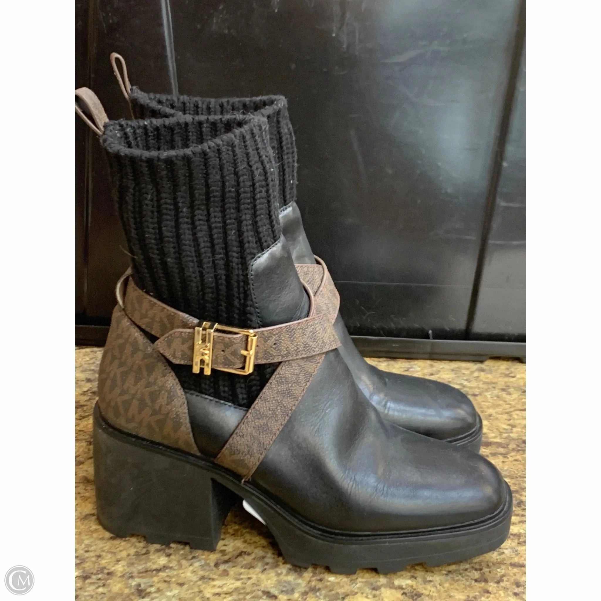 Grippy Outsole Rough Terrain Boots Ankle Heels By Michael By Michael Kors In Black & Brown, Size: 7