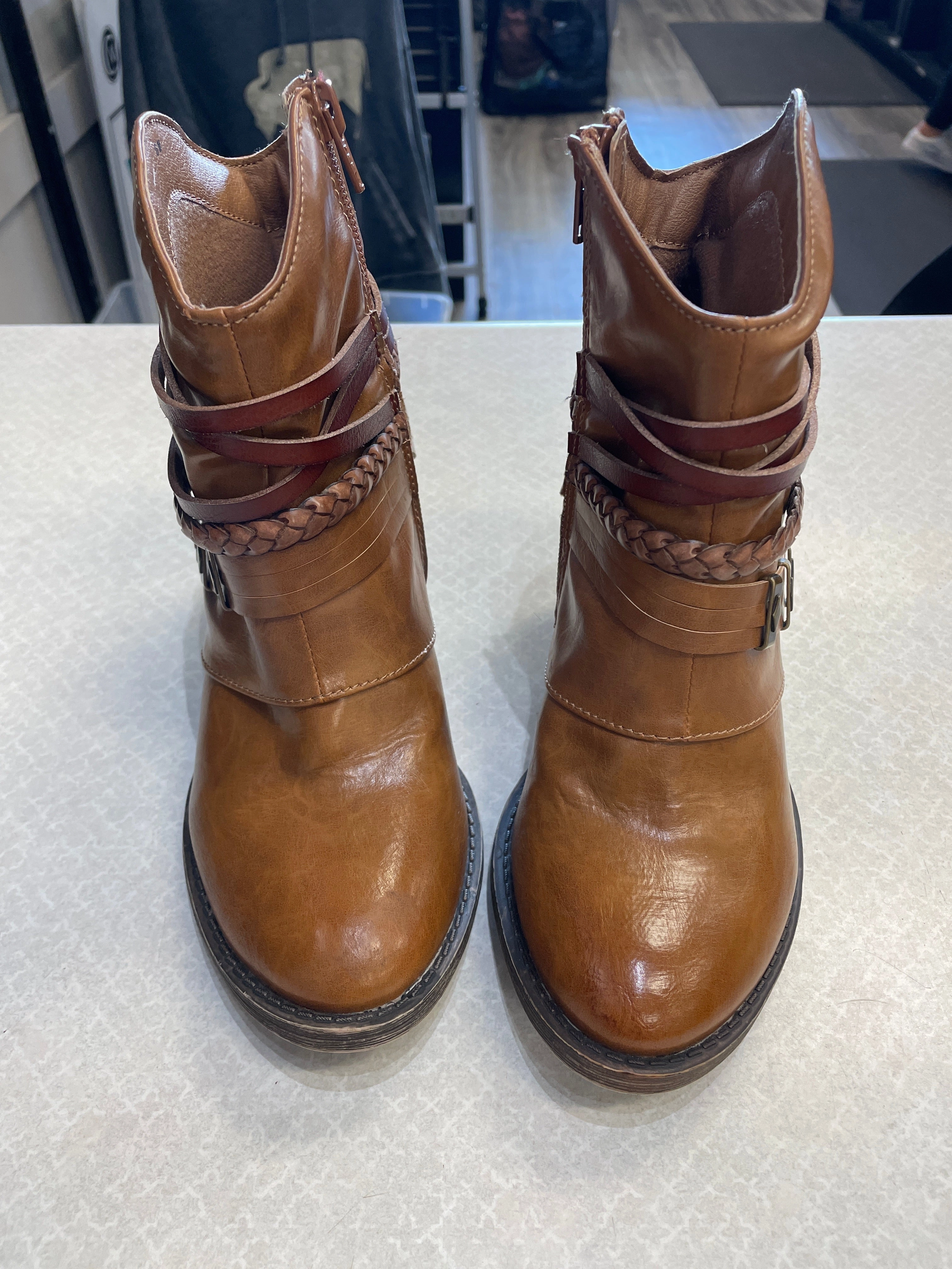 Mud Defense Urban Utility Boots Ankle Heels By So In Brown, Size: 6