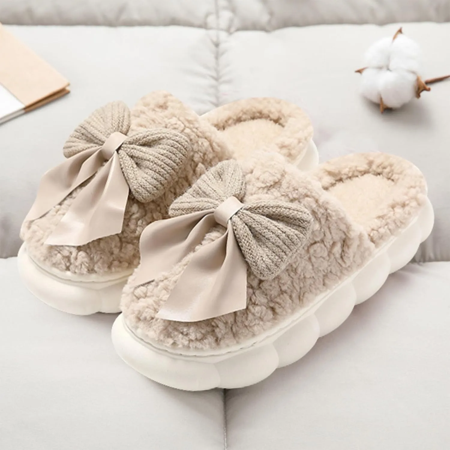 Bow Tie Thick Fluffy Slippers Cute Plush Warm Shoes Kawaii Lolita Indoor Outdoor Girls Fuzzy House Slippers