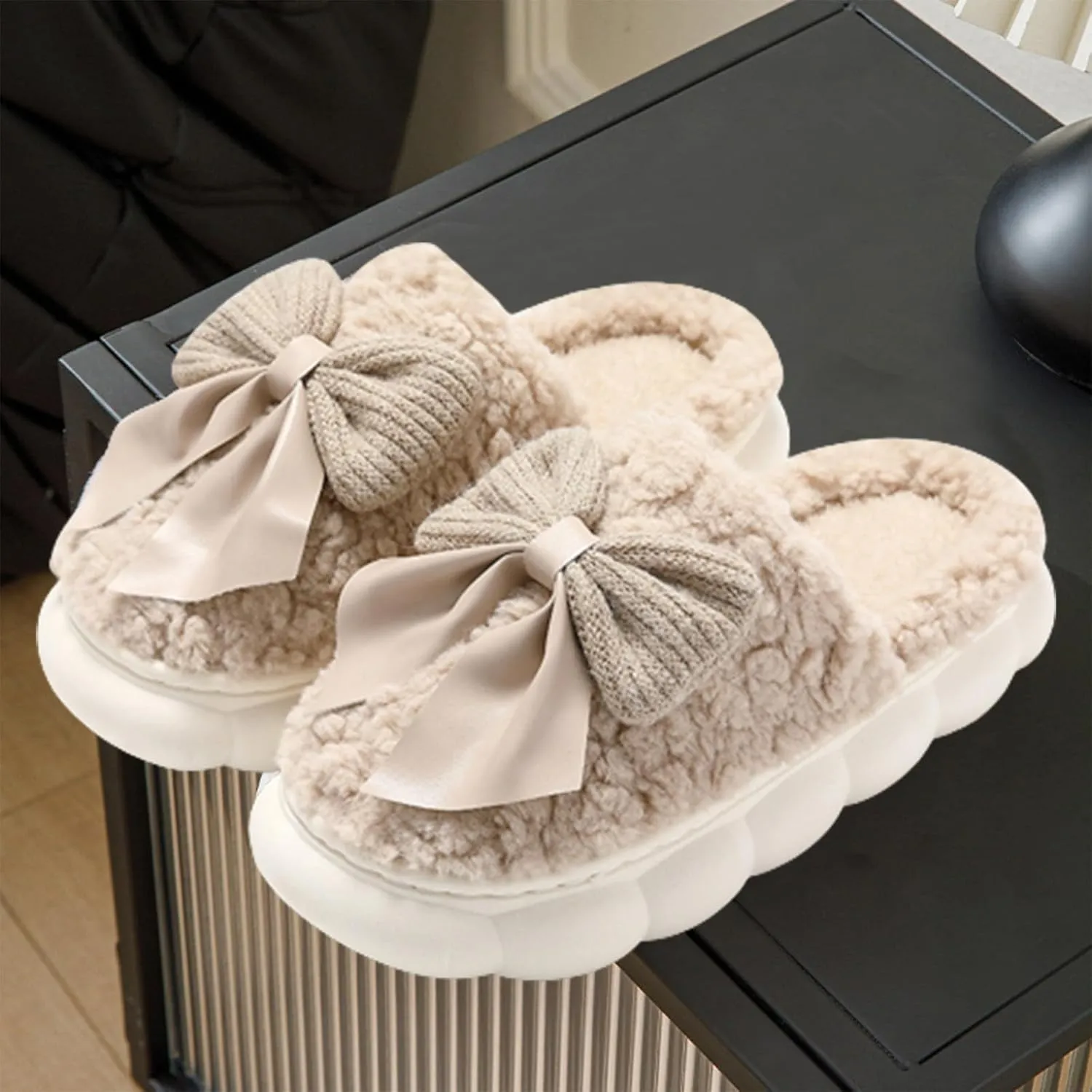 Bow Tie Thick Fluffy Slippers Cute Plush Warm Shoes Kawaii Lolita Indoor Outdoor Girls Fuzzy House Slippers
