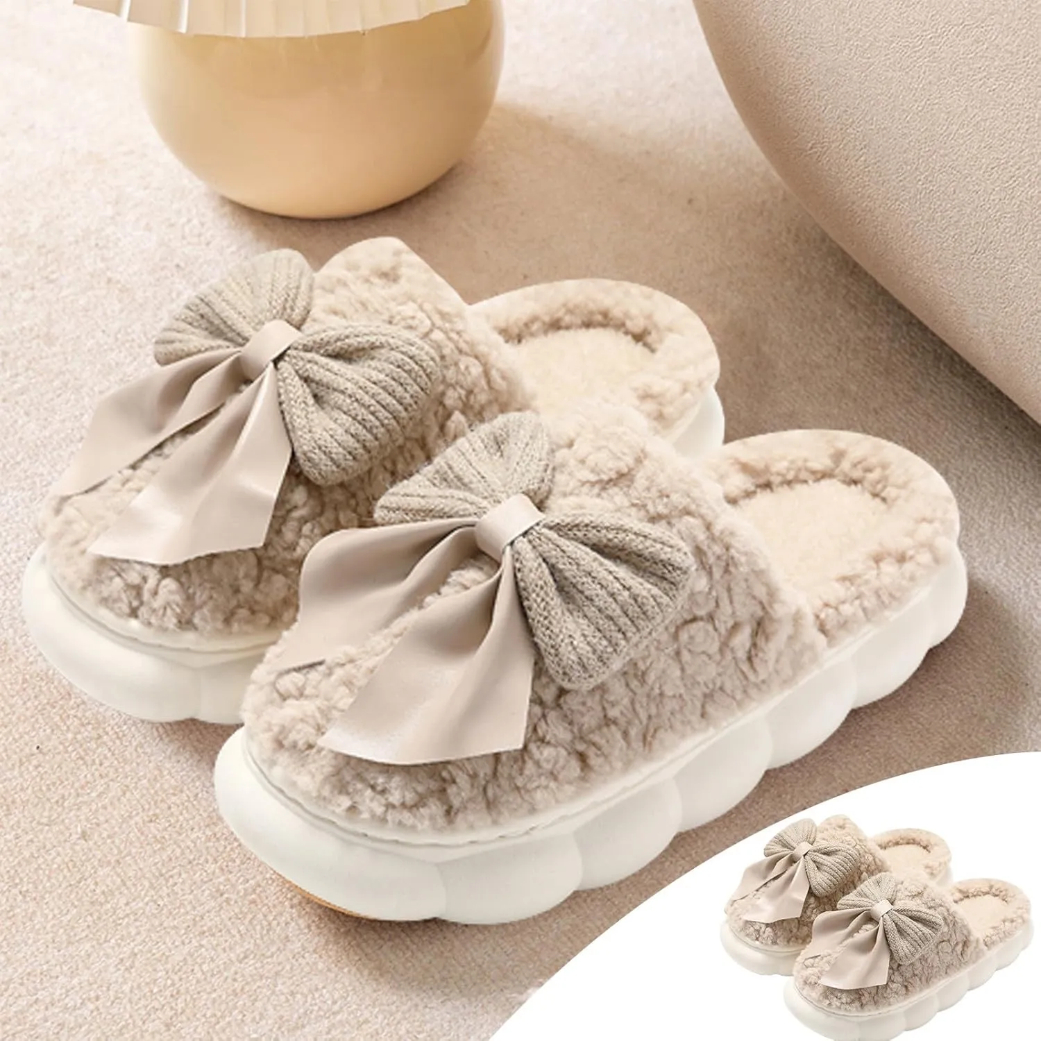 Bow Tie Thick Fluffy Slippers Cute Plush Warm Shoes Kawaii Lolita Indoor Outdoor Girls Fuzzy House Slippers