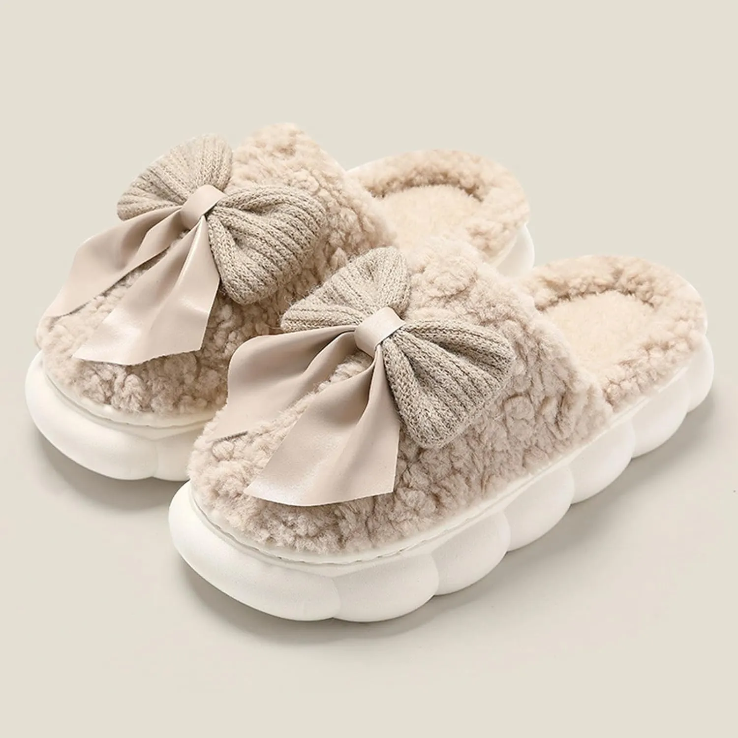 Bow Tie Thick Fluffy Slippers Cute Plush Warm Shoes Kawaii Lolita Indoor Outdoor Girls Fuzzy House Slippers