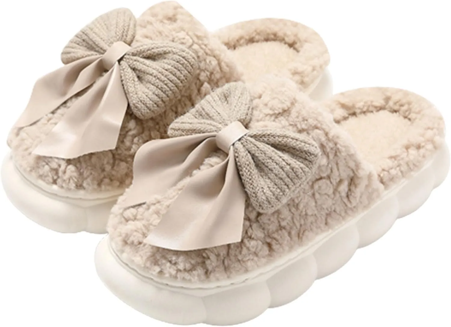 Bow Tie Thick Fluffy Slippers Cute Plush Warm Shoes Kawaii Lolita Indoor Outdoor Girls Fuzzy House Slippers