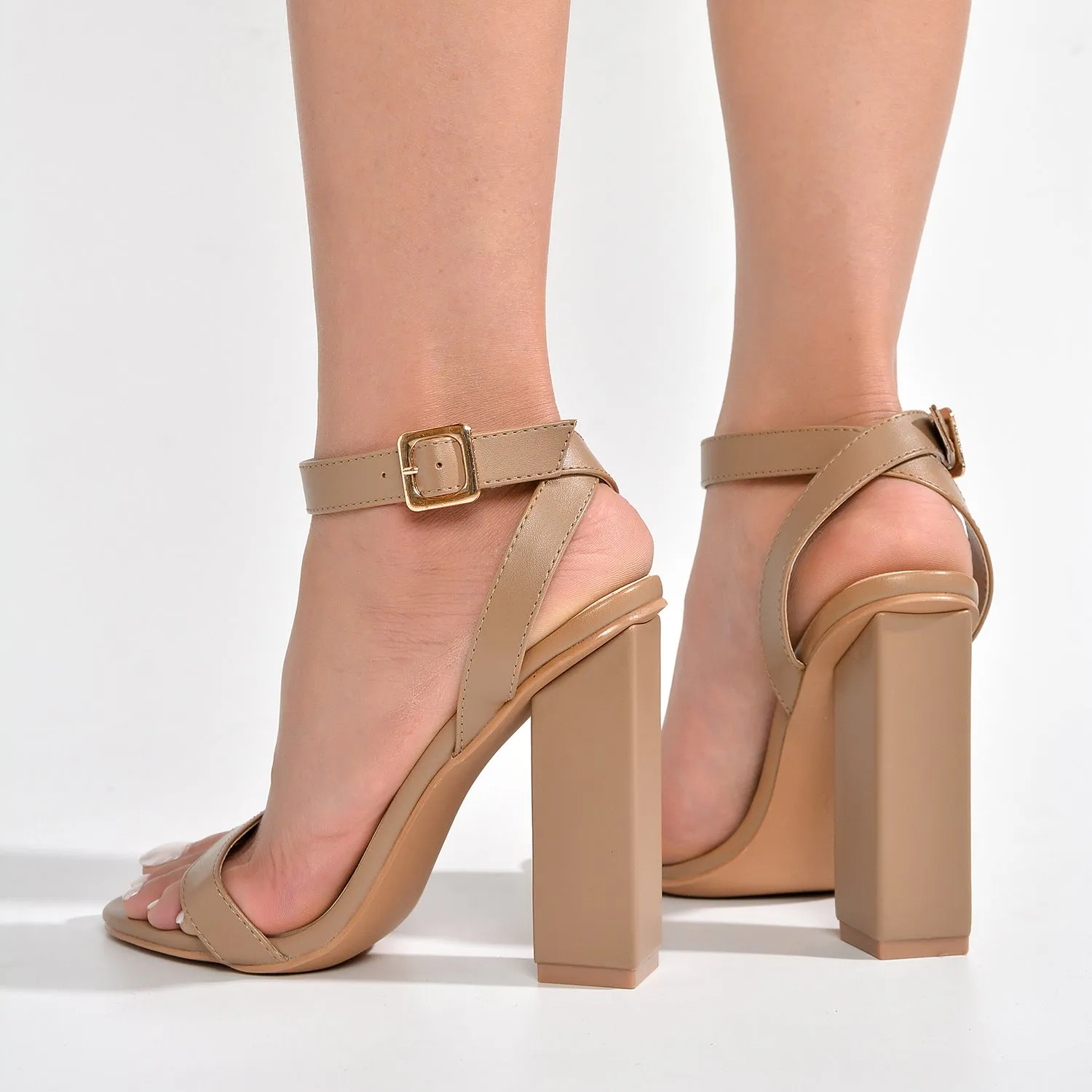 Cape Robbin Maria-2 Taupe Block High Heel Transparent Open Toe Fashion Pumps