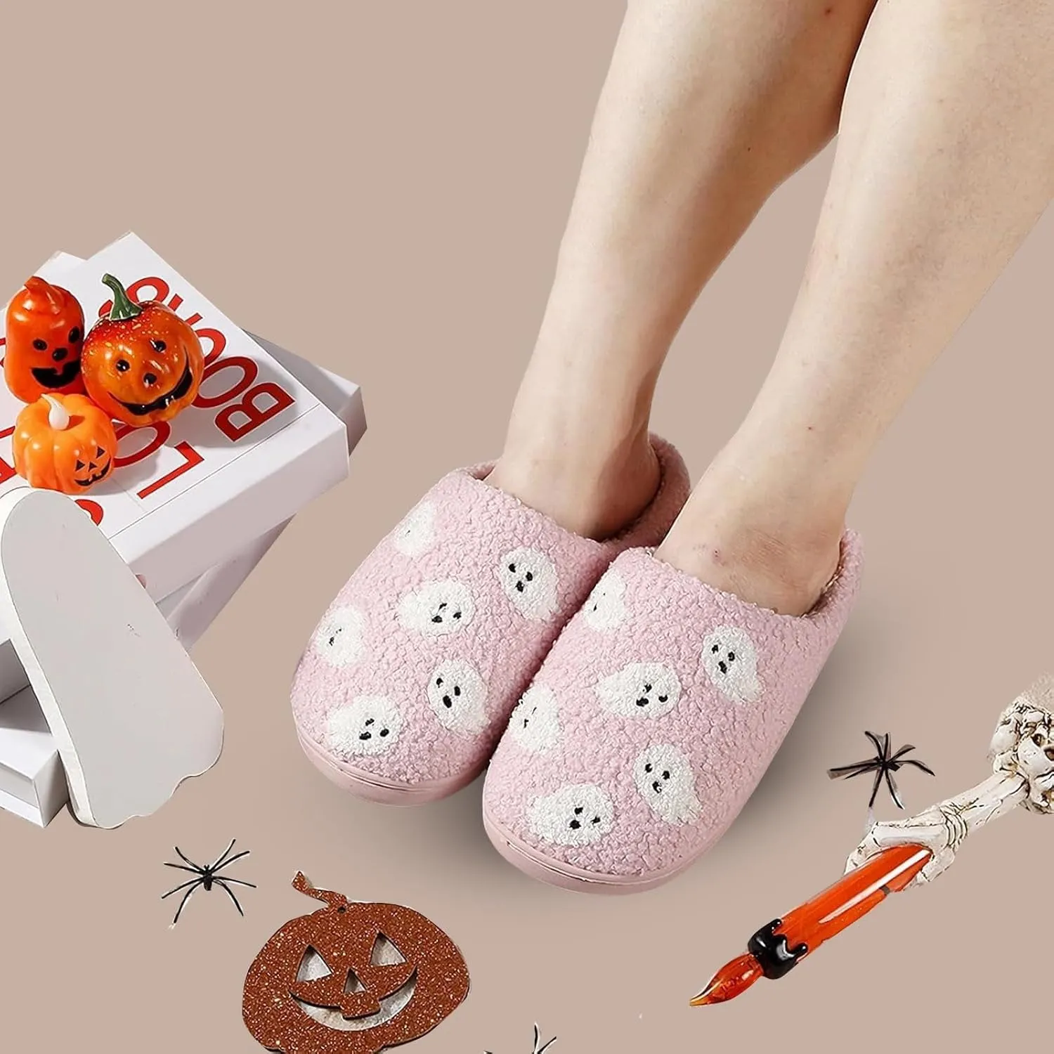 Cathalem Pumpkin Halloween Slippers for Women Men Memory Foam Cozy Plush Slippers Couple Indoor Hous Slippers
