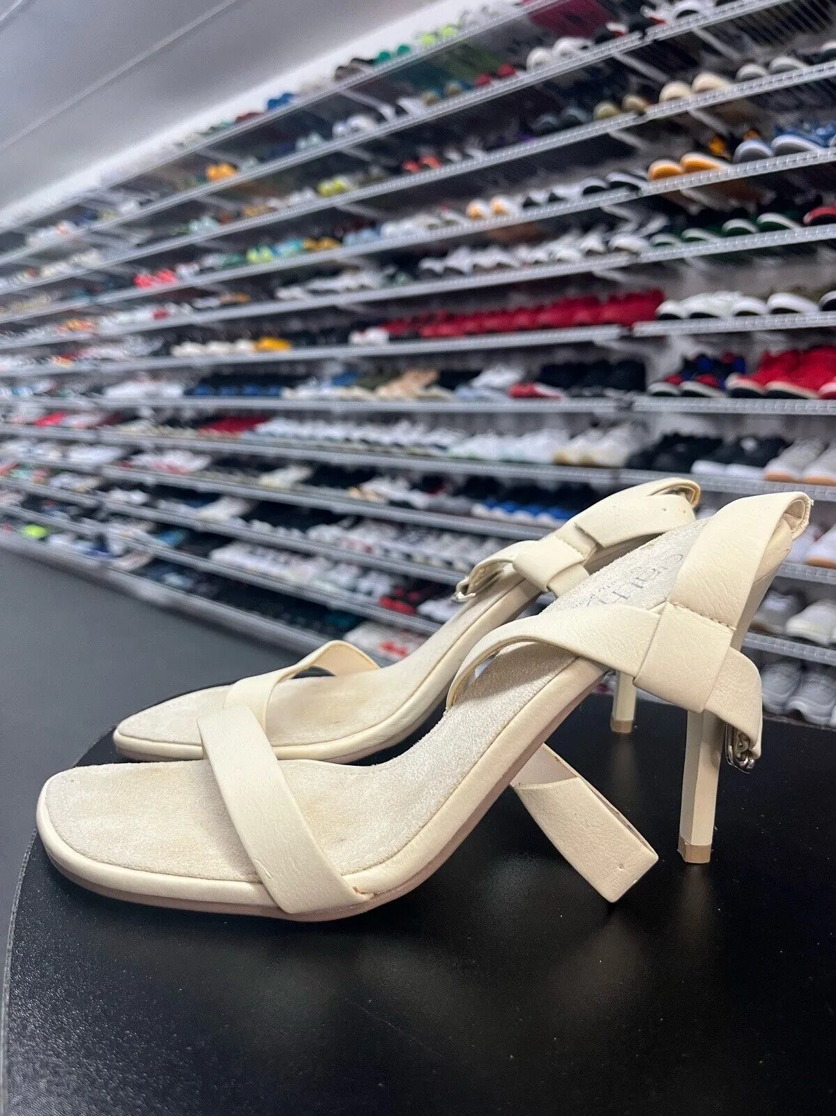 Cathy Jean Beige Stiletto Heel Open Toe Ankle Buckle Shoes Size 8