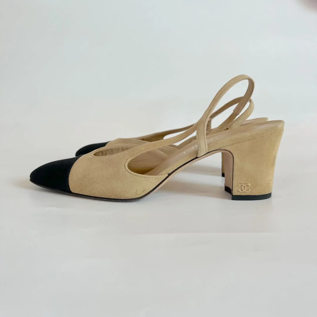 Chanel Beige/Black Leather CC Slingback Pumps Size 38