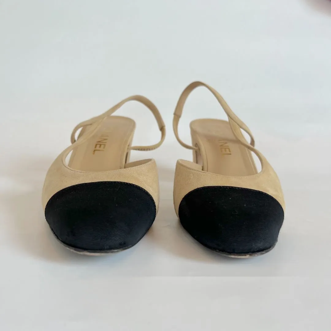 Chanel Beige/Black Leather CC Slingback Pumps Size 38