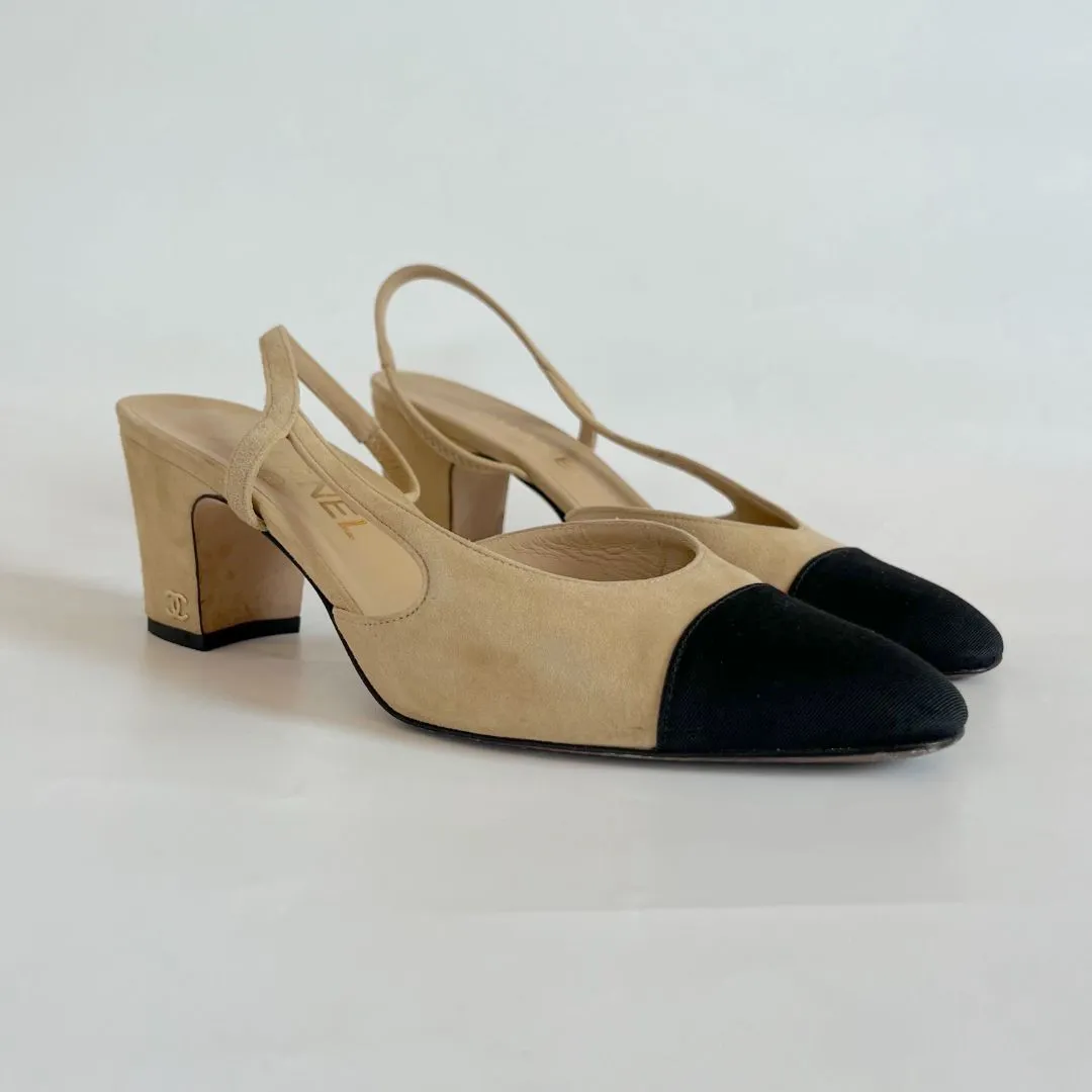 Chanel Beige/Black Leather CC Slingback Pumps Size 38