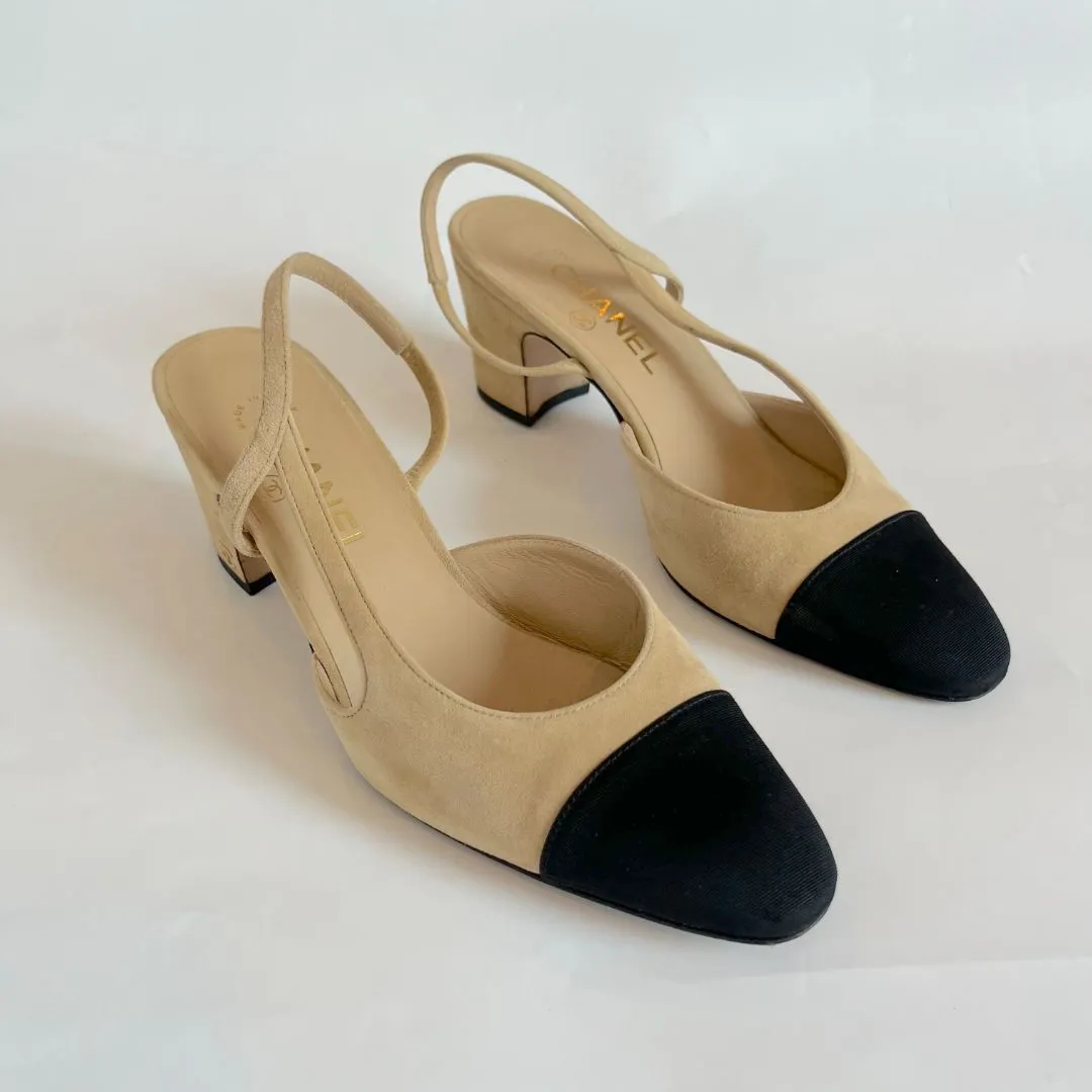 Chanel Beige/Black Leather CC Slingback Pumps Size 38