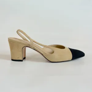 Chanel Beige/Black Leather CC Slingback Pumps Size 38