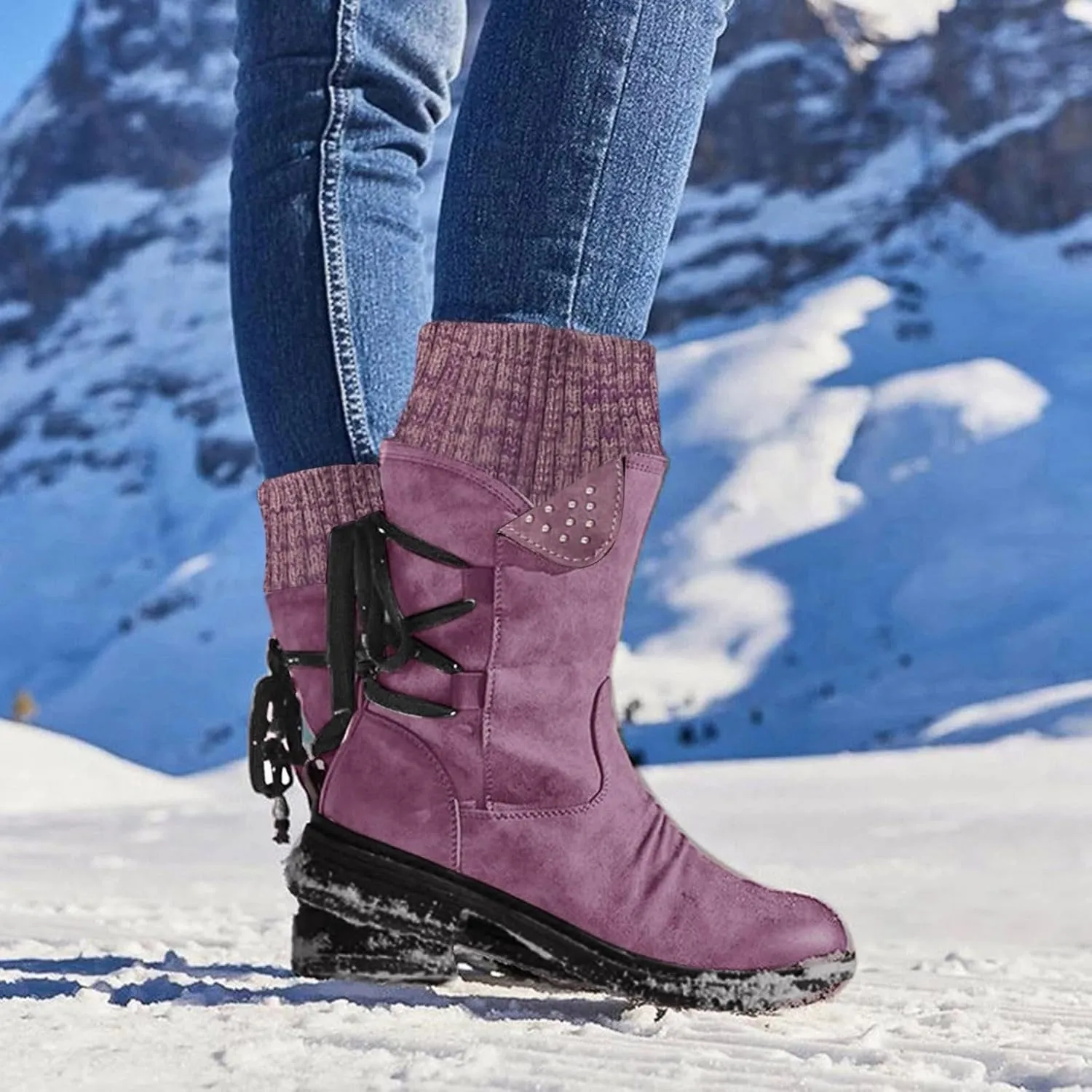 Cowboy Boots for Women, Trendy Winter Low Heel Warm Outdoor Shoes Side Zip Western Non Slip Platform Cowboy Hiking Boots
