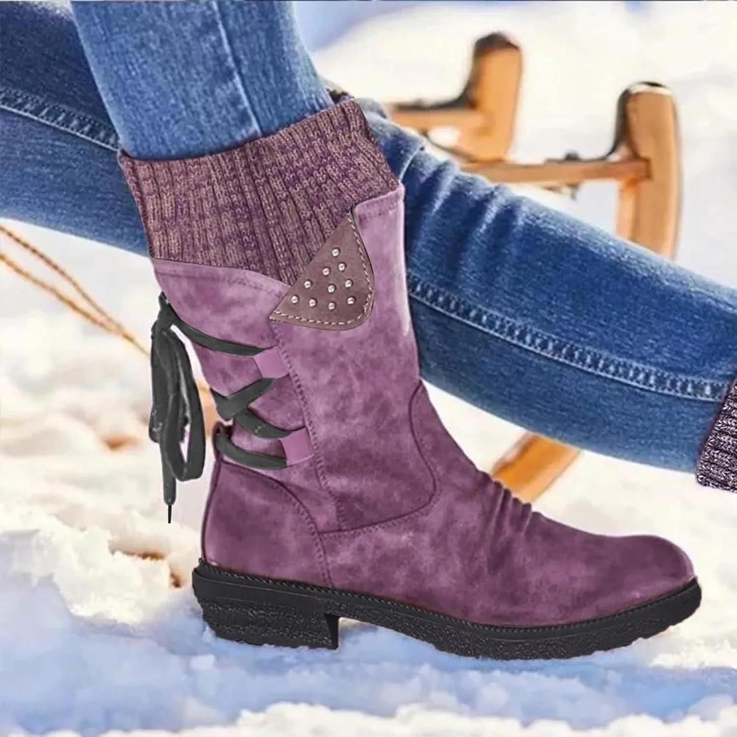 Cowboy Boots for Women, Trendy Winter Low Heel Warm Outdoor Shoes Side Zip Western Non Slip Platform Cowboy Hiking Boots