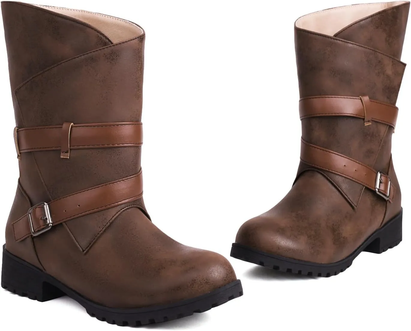 Crzidha Womens Riding Mid Calf Boots,Buckle Strap Wrap Mid Calf Boots Comfortable Low Heel Slouchy Loose Pull On Wide Calf Boots Casual Walking Outdoor Travel Combat Boots