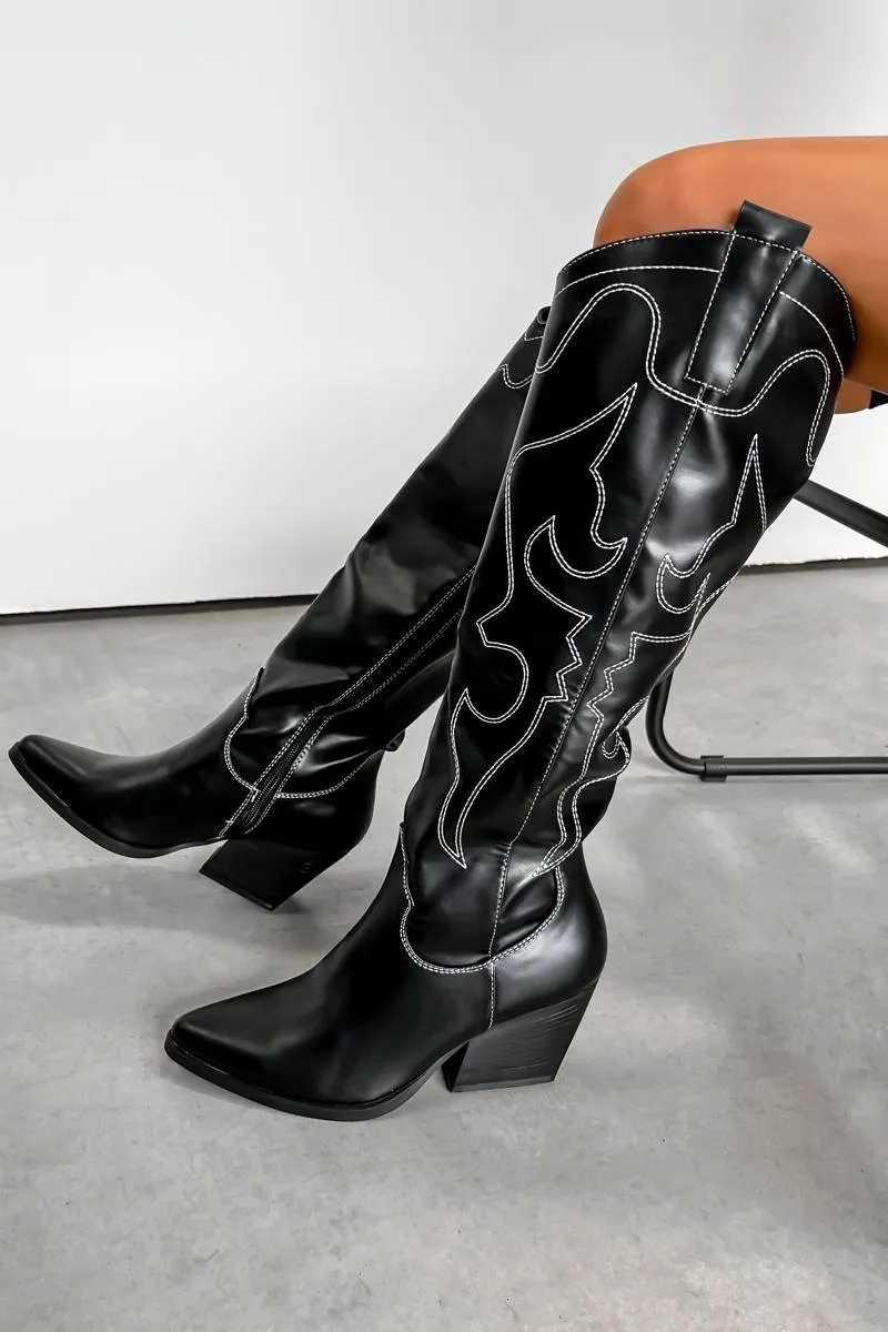 DETROIT Knee High Western Cowboy Boots - Black