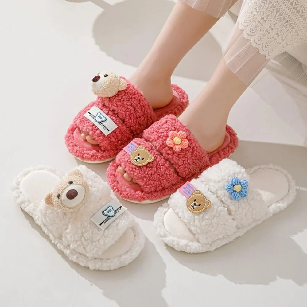 Double Bar Slippers Cartoon Slippers for Women Open-Toe Cotton Slippers Winter Slippers Home Slippers Indoor Slippers Fuzzy Warm Plush Slippers