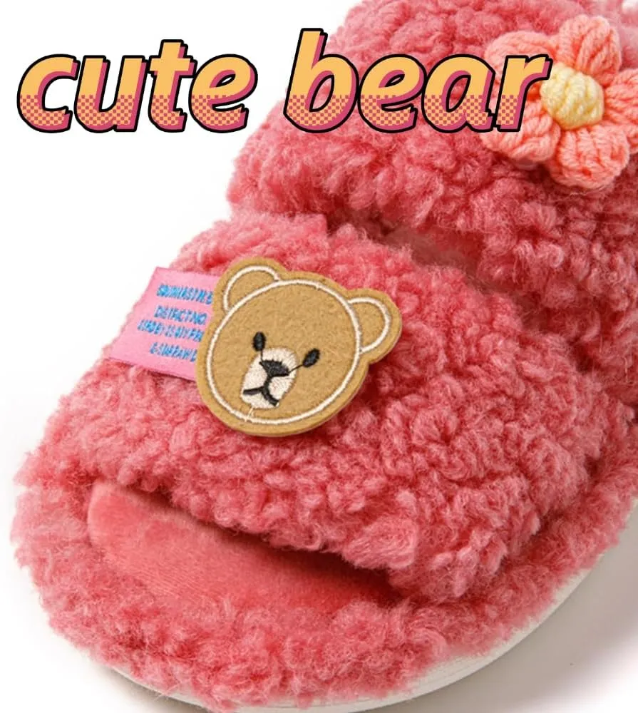 Double Bar Slippers Cartoon Slippers for Women Open-Toe Cotton Slippers Winter Slippers Home Slippers Indoor Slippers Fuzzy Warm Plush Slippers