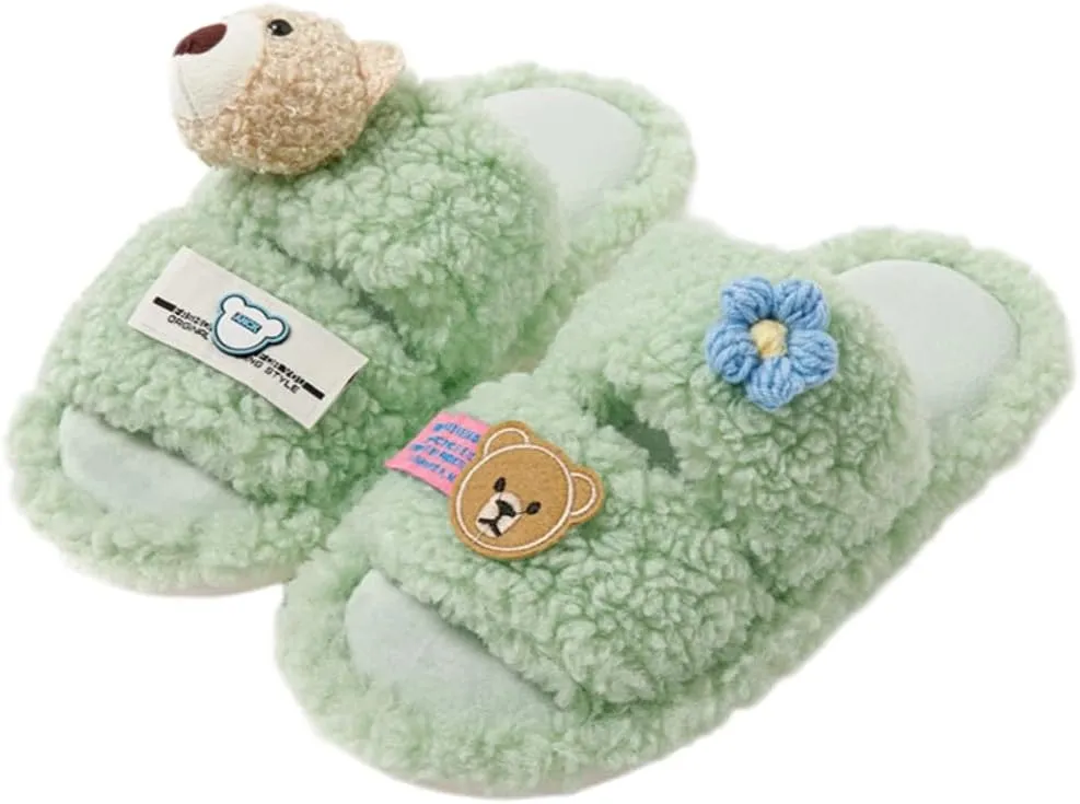 Double Bar Slippers Cartoon Slippers for Women Open-Toe Cotton Slippers Winter Slippers Home Slippers Indoor Slippers Fuzzy Warm Plush Slippers