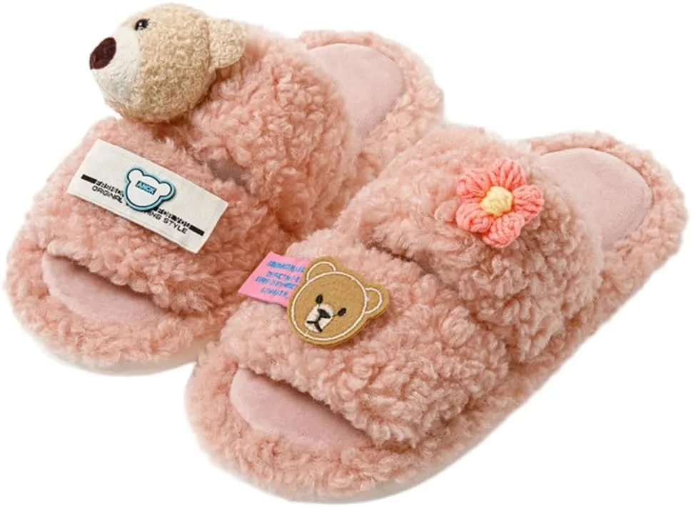 Double Bar Slippers Cartoon Slippers for Women Open-Toe Cotton Slippers Winter Slippers Home Slippers Indoor Slippers Fuzzy Warm Plush Slippers